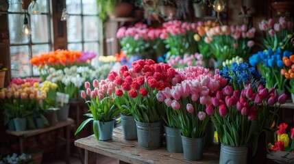   A table bears numerous tulips surrounded by additional tulips