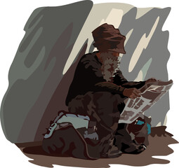 Sunlit street person reading newspaper