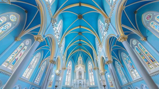 Detailed interior architecture of a catholic church with elaborate walls and ceilings