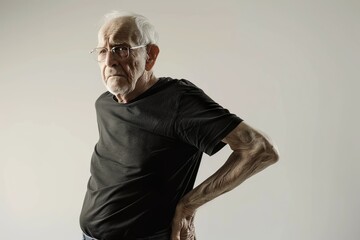 An elderly man grimaces in pain, clutching his lower back, standing against a simple backdrop, his posture conveying his discomfort. Back pain, osteochondrosis 