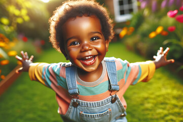 laughing black child runs joyfully with outstretched arms