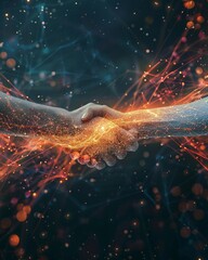Energy flows between two hands in a handshake, symbolizing a powerful connection within a professional network - obrazy, fototapety, plakaty