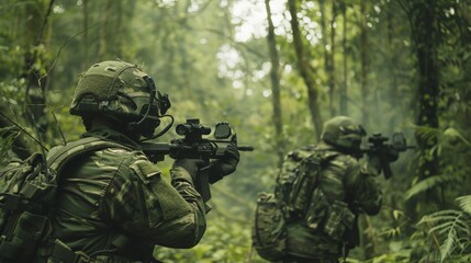 Fototapeta premium Filming an actionpacked sequence where soldiers in full camouflage execute a strategic forest operation