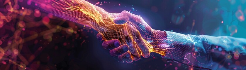 Handshake at a networking event, depicted with a burst of energy highlighting the importance of connections - obrazy, fototapety, plakaty