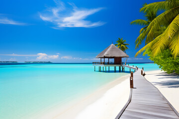 A tranquil beach scene in the Maldives, with crystal-clear turquoise waters, white sandy beaches, and overwater bungalows   Generative AI,
