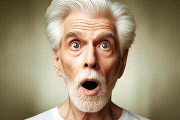 portrait of a surprised elderly Caucasian man with wide open eyes and mouth