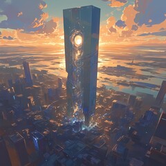 High-tech Urban Skyline Featuring Illuminated Tower at Sunrise - obrazy, fototapety, plakaty