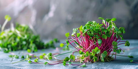 Close up Radish microgreen. Growing seeds. Superfood, healthy food. Fresh pink sprouts background with copy space. Young beet greens. Healthy lifestyle concept - obrazy, fototapety, plakaty