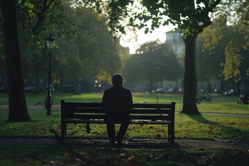 A lone figure sitting on a park bench with a downturned expression, portraying the isolation and despair of economic hardship.