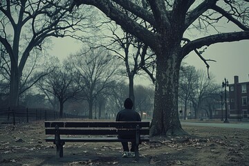 A lone figure sitting on a park bench with a downturned expression, portraying the isolation and despair of economic hardship. - obrazy, fototapety, plakaty