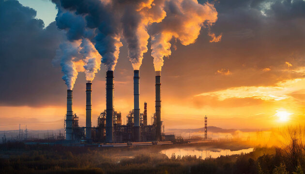Industrial factory emits smoke from tall stacks, symbolizing pollution and CO2 emissions