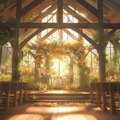 Illuminated Gazebo-Style Chapel with Floral Arch and Sunlit Atmosphere