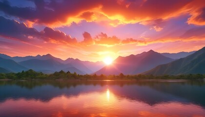 God beauty in nature reflected in multi colored sunset over mountains - obrazy, fototapety, plakaty