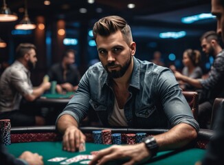 Portrait of a man sitting at a poker table in a casino