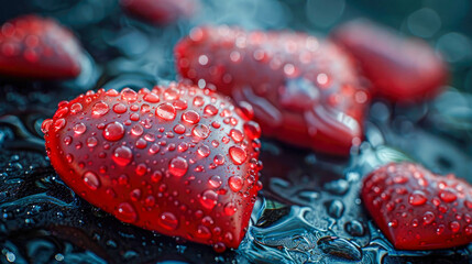 Glistening red hearts on wet surface romantic love background