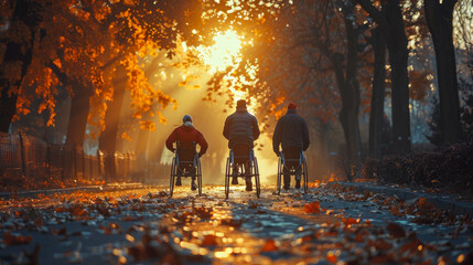 A disabled man in a wheelchair walks in the autumn park on a bright sunny day - obrazy, fototapety, plakaty