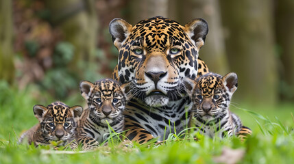 Jaguar With Kittens in Nature