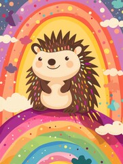 Obraz na płótnie Canvas flat illustration cartoon hedgehog on rainbow background.