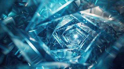 A dynamic abstract tunnel with gleaming blue crystal facets
