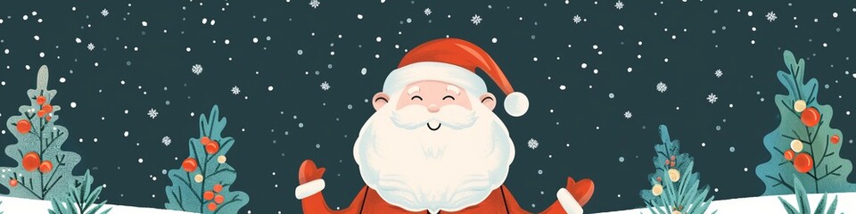 flat illustration cartoon santa claus on a background of snow and fir trees.