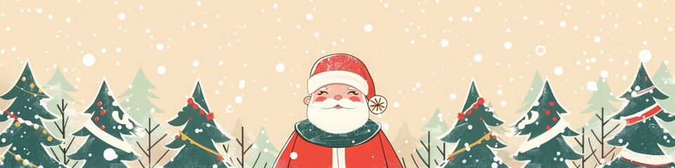 flat illustration cartoon santa claus on a background of snow and fir trees.