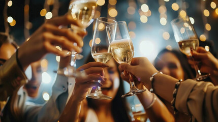A group of diverse individuals celebrating a special occasion, raising their wine glasses in a toast
