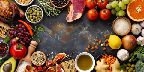 Healthy food clean eating selection: meat, vegetables, fruits and legumes.