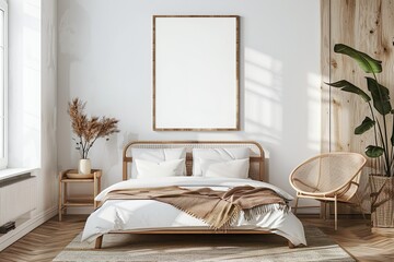 This serene bedroom features a rustic rattan bed with white linens, a cozy throw blanket, and an empty mock-up frame, inviting customization amidst the minimalist and naturalistic decor.