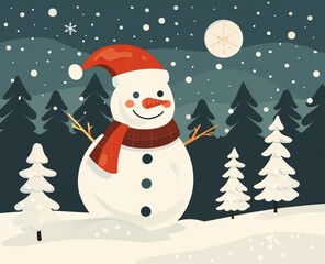 Fototapeta premium flat illustration cartoon snowman on a background of snow and fir trees.