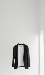 Black and white tuxedo on a hanger in a white room.