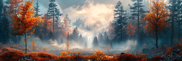 Küchenrückwand glas motiv Morgen mit Nebel banner woods in autumn