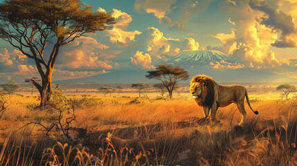  lion in the savanna - obrazy, fototapety, plakaty