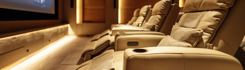 Inside a luxurious modern home theater with cozy, reclining seats and the latest audiovisual technology for peak relaxation