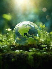 A globe is sitting on a green field with plants