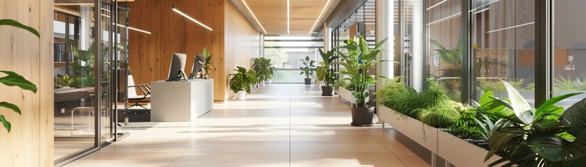 Long corridor in a modern office, alive with plants and vibrant natural light, creating a calming work environment