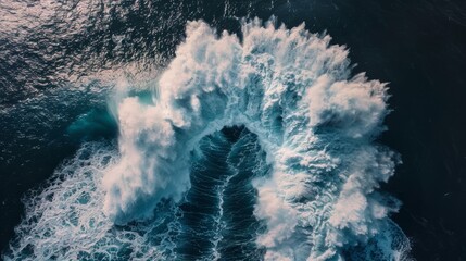Aerial view of a huge wave in the ocean rising dramatically against the horizon