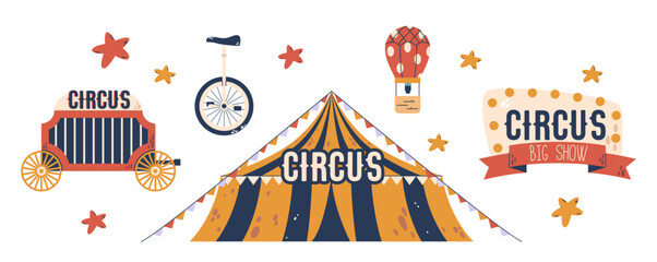 Circus Elements or Icons Set. Banner with Light Bulbs, Monowheel Bike, Colorful Stars and Air Balloon Isolated on White © Pavlo Syvak