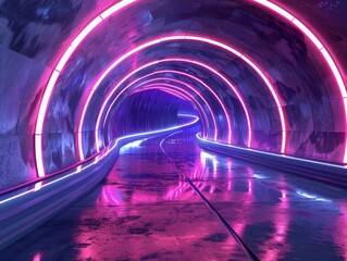 Neon lights curve along the contours of a futuristic tunnel, enhancing the depth and perspective in a mesmerizing scifi environment