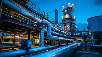 Night falls over an industrial complex where pipes glow with blue lights, reflecting the intensity of industrial operations