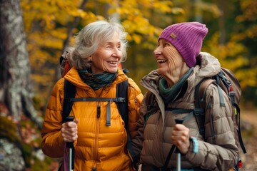 Fototapeta premium Senior women sharing joyous smiles while hiking in the autumn forest, embodying a zest for life and nature