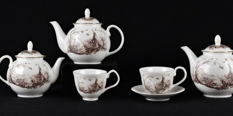 Teapot and cups on a black background. studio shot.