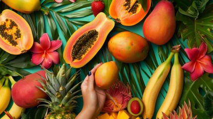 A persons hand holding a ripe papaya in front of a variety of tropical fruits