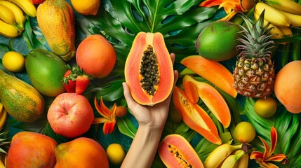 A hand holds a ripe papaya in front of a colorful bunch of tropical fruits, showcasing freshness and abundance - Powered by Adobe