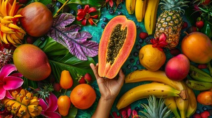 A persons hand holds a ripe papaya in front of a colorful assortment of tropical fruits - Powered by Adobe