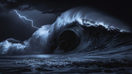 A large wave rises in the dark, stormy ocean, illuminated by lightning in the night