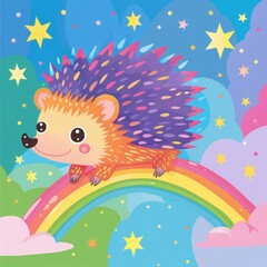 Fototapeta na wymiar flat illustration cartoon hedgehog on rainbow background.