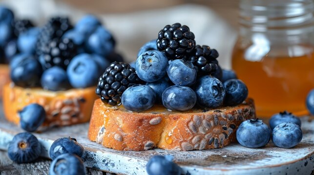   A tight shot of a blueberry-topped slice of bread, nearby sits an open jar of honey