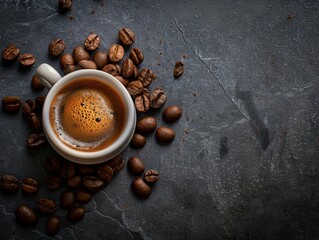 The perfect start to any morning a cup of espresso surrounded by coffee beans, the aroma inviting a moment of pause