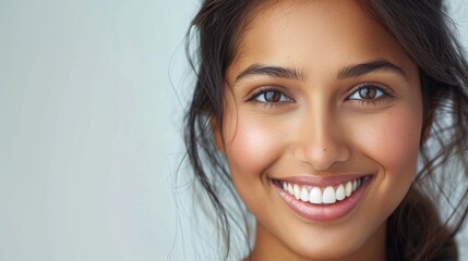 A close view of an Asian Indian woman with a joyful smile on her face