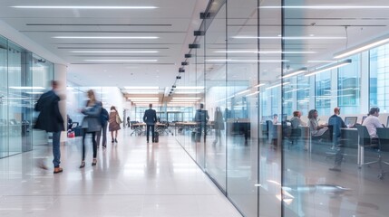 A group of individuals walking down a sleek modern office hallway with a glass wall during a busy workday